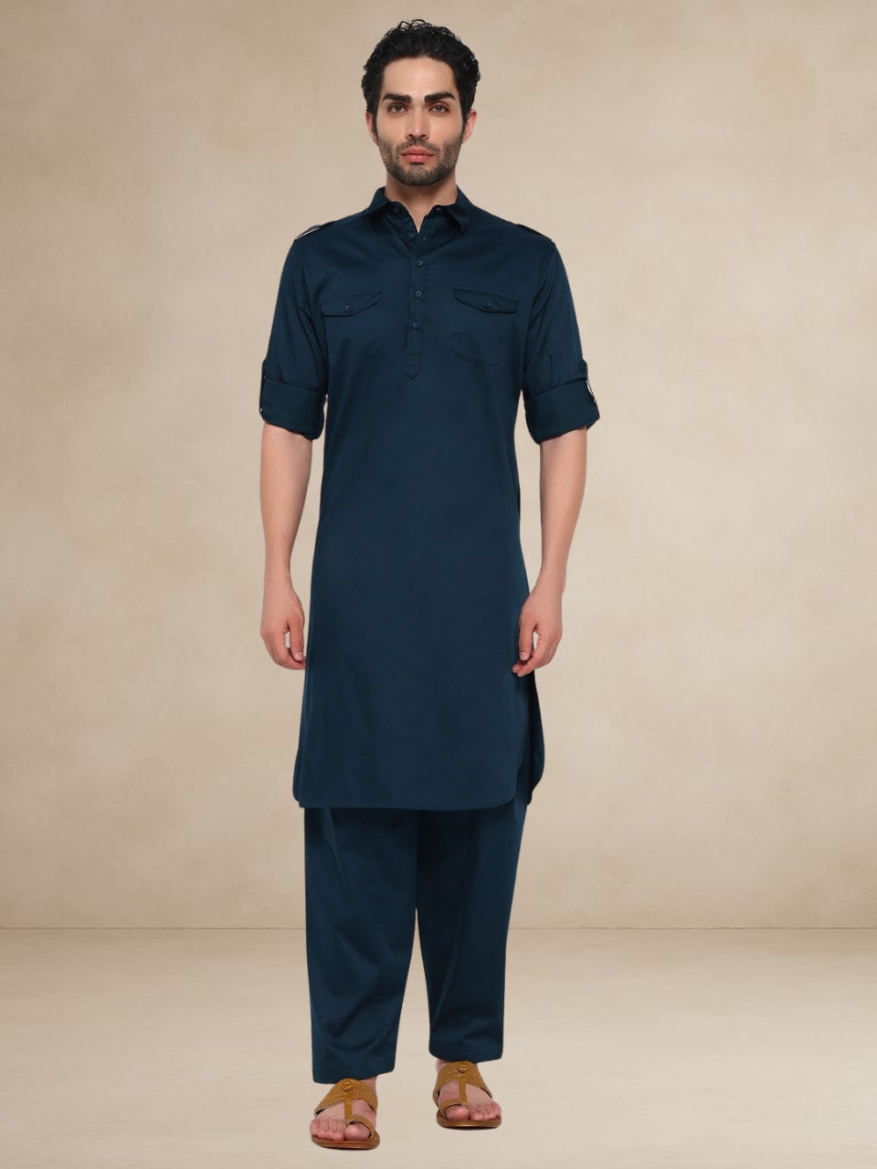 Military Style Pathani Suits Deep Sea Blue