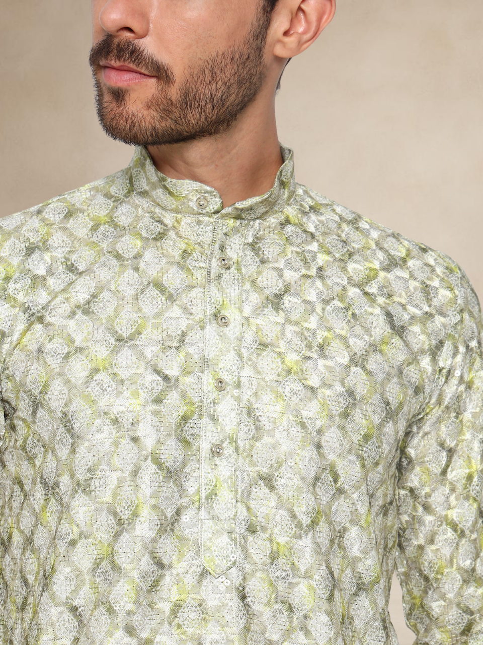 Olive Green Printed Kurta Pyjama Set for Men Olive