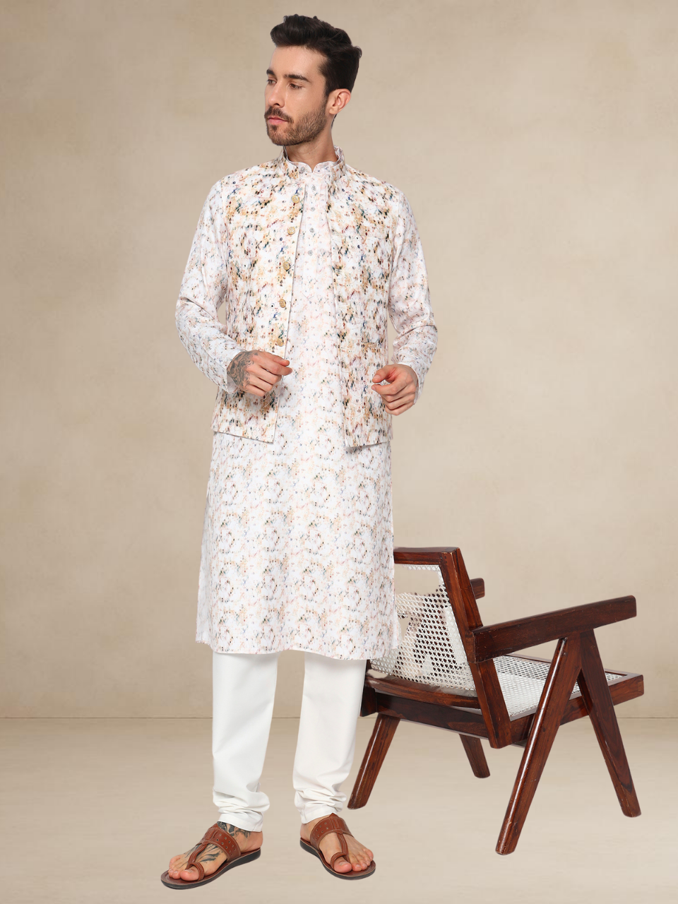 Ivory Printed Kurta Pyjama with Nehru Jacket