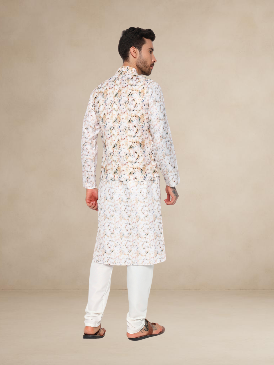 Ivory Printed Kurta Pyjama with Nehru Jacket