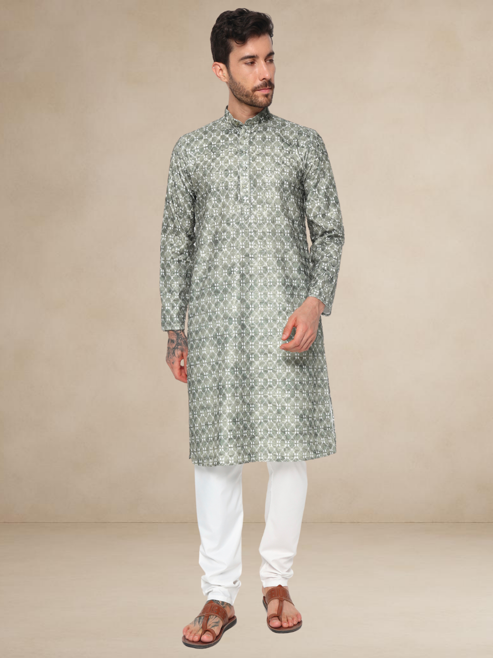 Olive Green Floral Kurta Pyjama Set Geometric