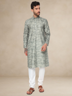 Olive Green Floral Kurta Pyjama Set Geometric