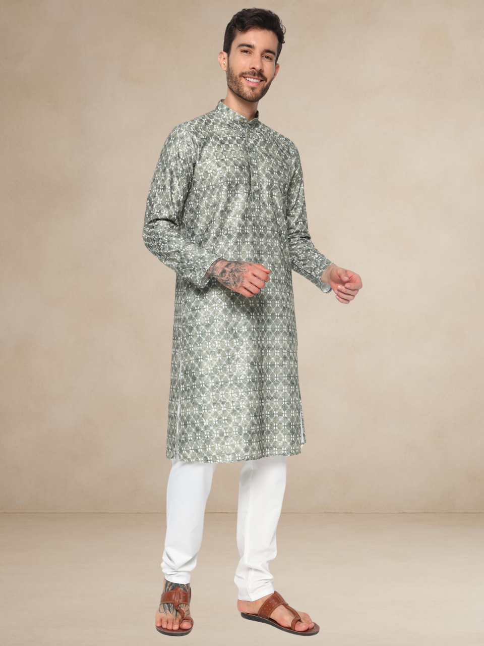Olive Green Floral Kurta Pyjama Set Geometric