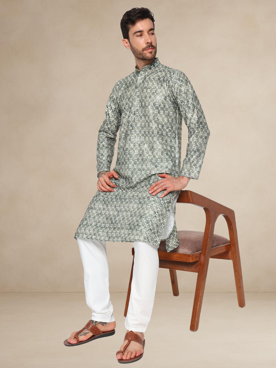 Olive Green Floral Kurta Pyjama Set Geometric