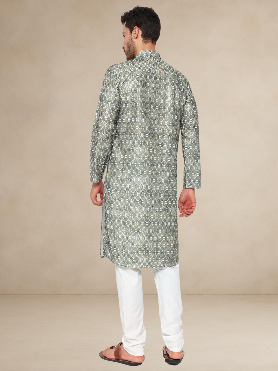 Olive Green Floral Kurta Pyjama Set Geometric