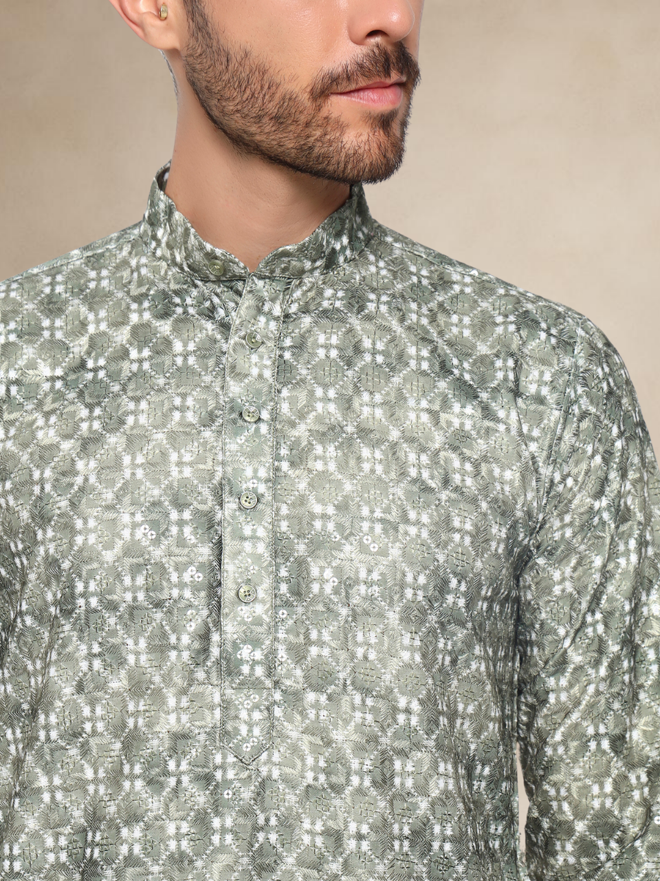 Olive Green Floral Kurta Pyjama Set Geometric