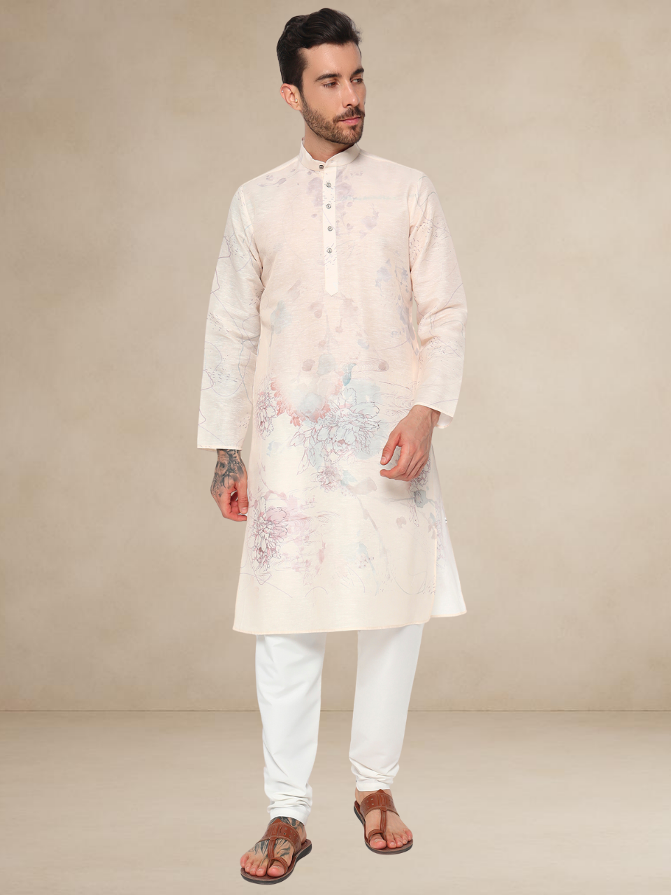 Pastel Pink Floral Printed Kurta Pyjama Set for Men