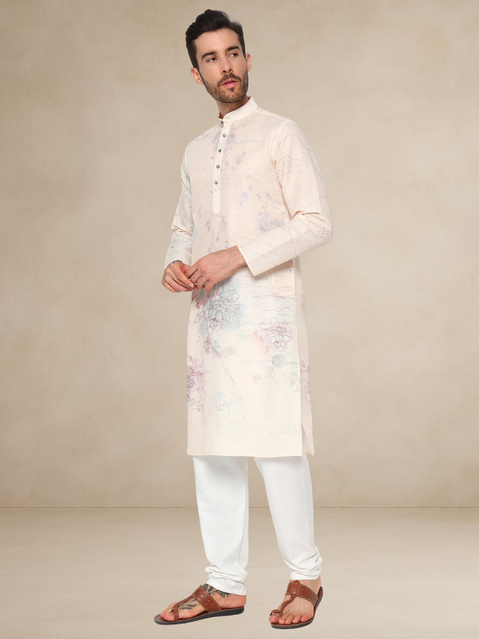 Pastel Pink Floral Printed Kurta Pyjama Set for Men