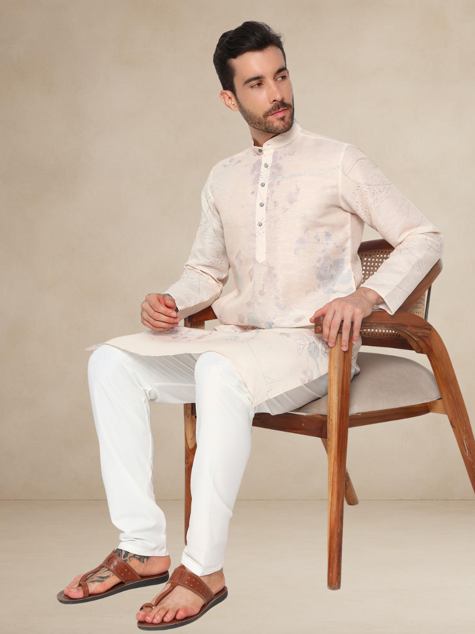 Pastel Pink Floral Printed Kurta Pyjama Set for Men