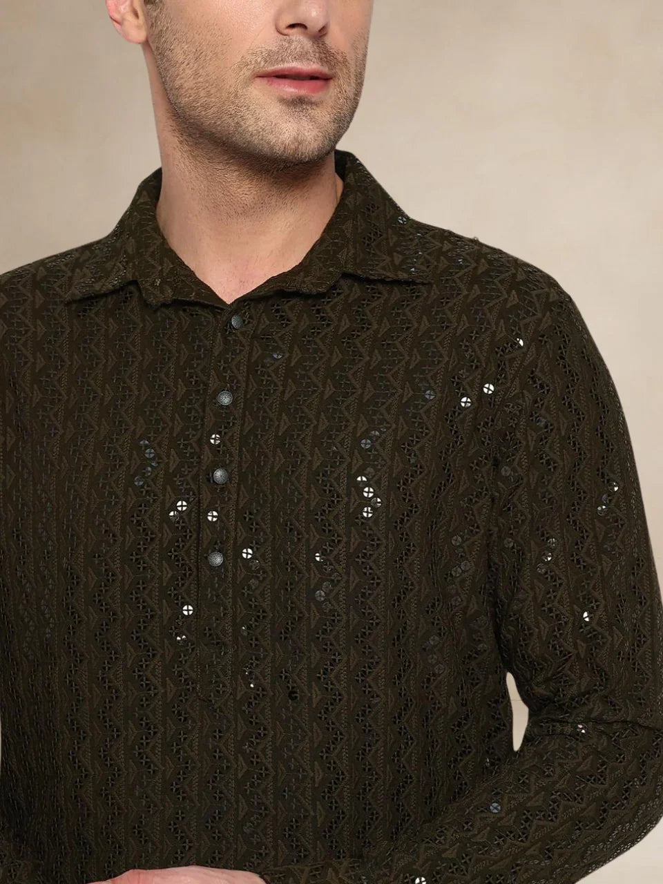 Olive Green Embroidered Pathani Suit