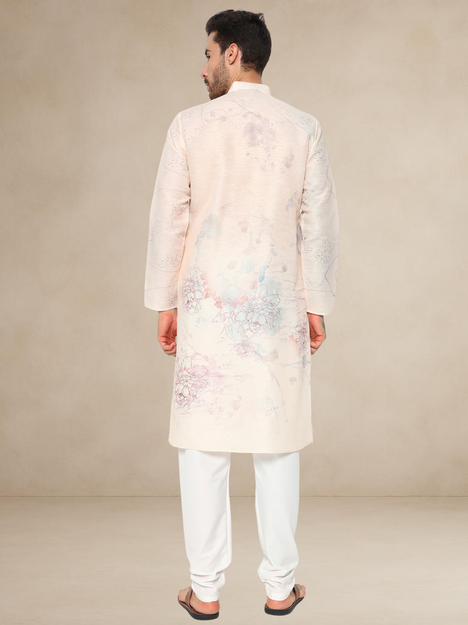 Pastel Pink Floral Printed Kurta Pyjama Set for Men