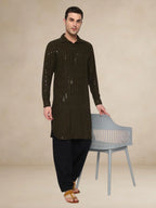 Olive Green Embroidered Pathani Suit