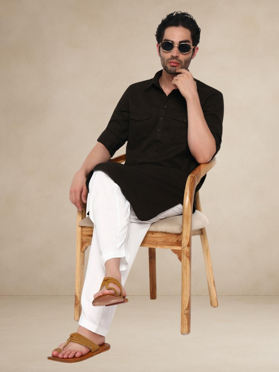 Textured Utility Pathani Suit Olive Brown