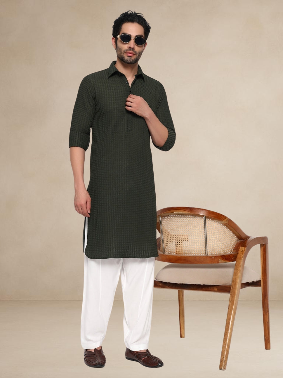 Olive Green Waffle-Textured Pathani Suit