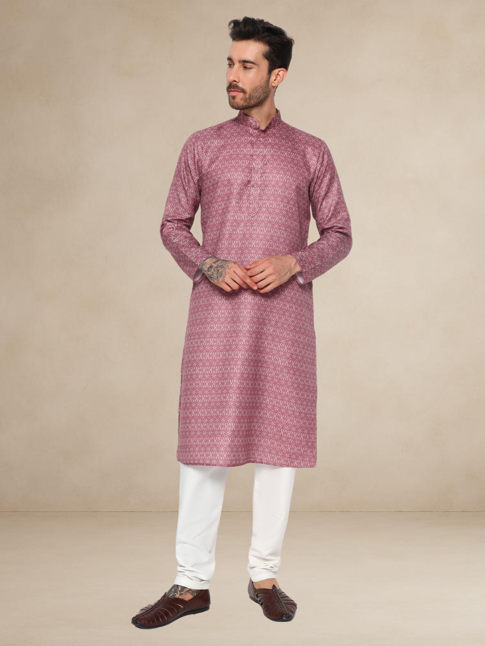Wine Kurta Pyjama Set with Printed Nehru Jacket