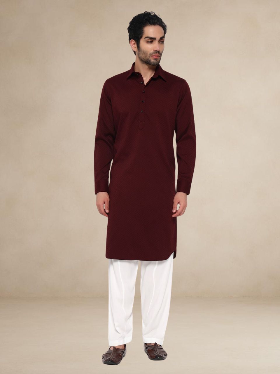 Burgundy Herringbone-Textured Popover Pathani Suit