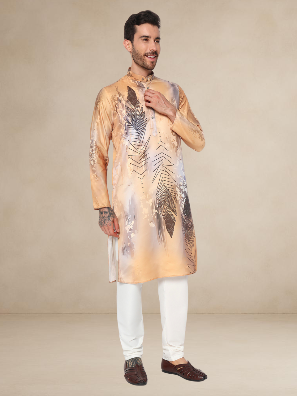 Designer Kurta Pyjama Set – Abstract Leaf Print | Bettino haldi