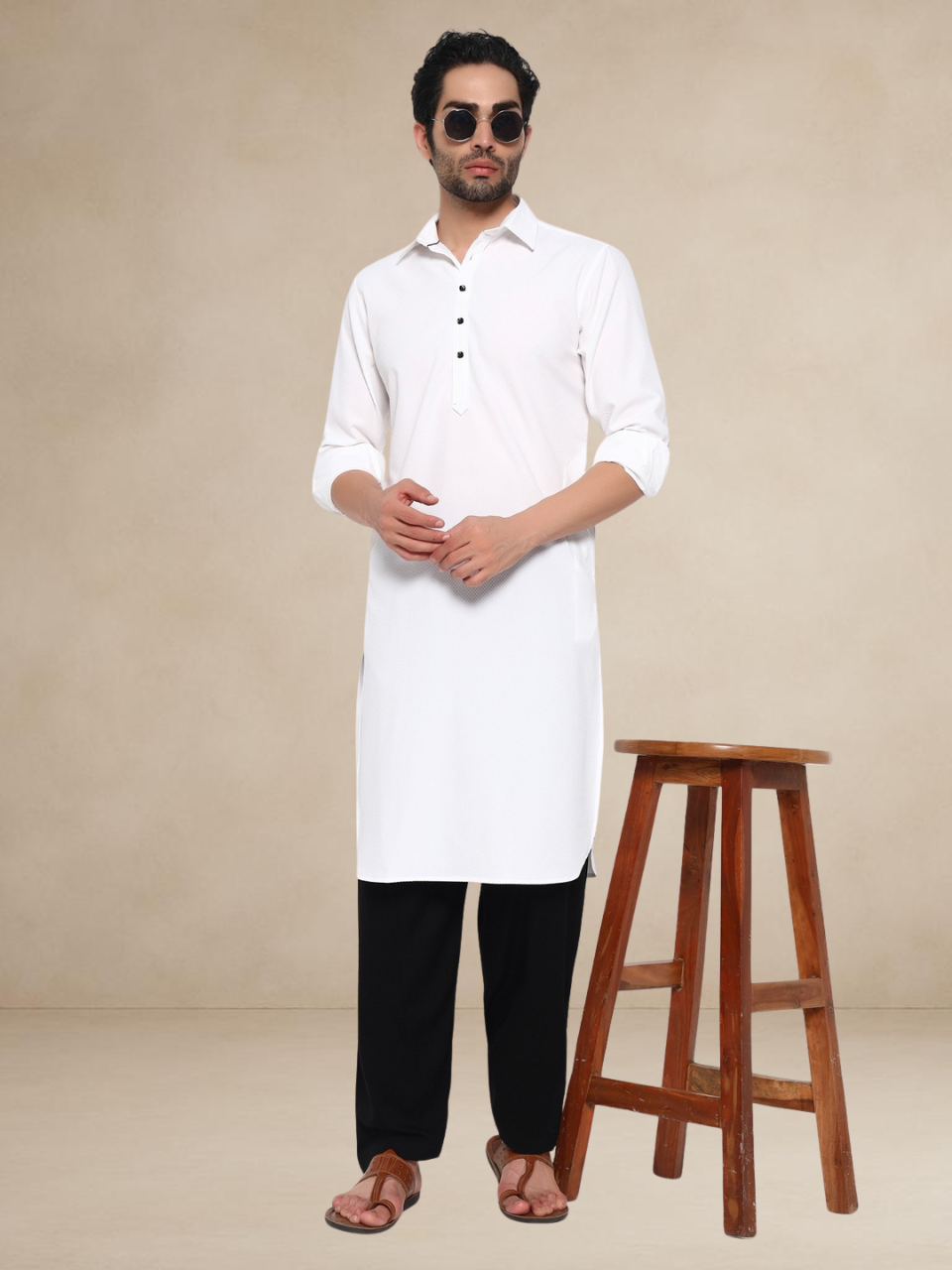 White Textured Button-Up Pathani Suit