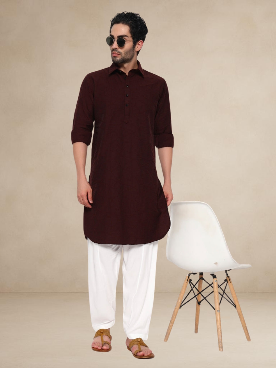 Maroon Abstract-Embroidered Popover Pathani Suit