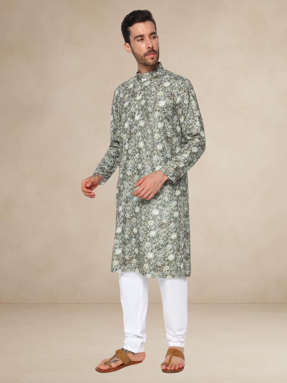 Olive Green Floral Kurta Pyjama Set Geometric