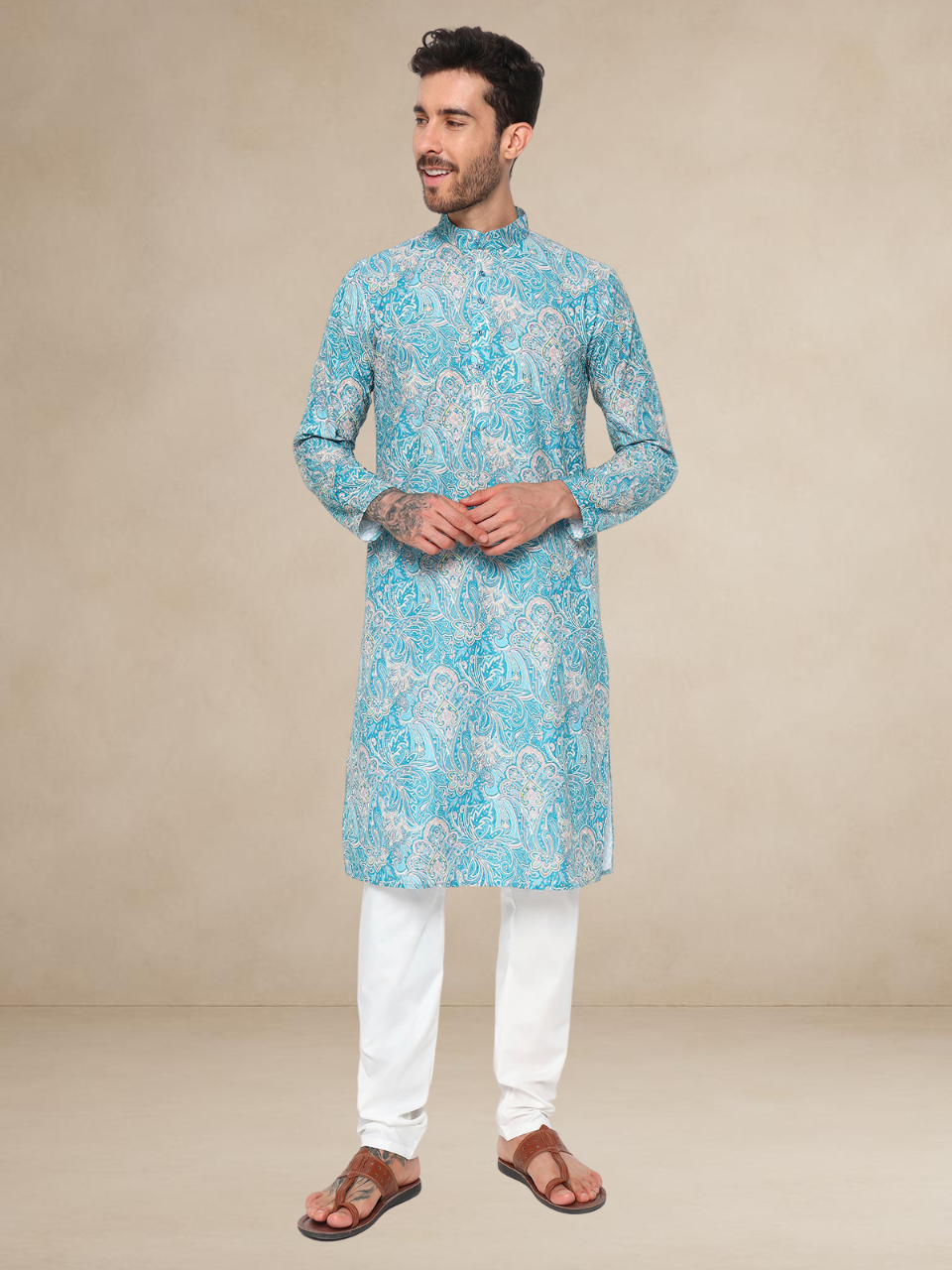 Floral Printed Kurta Pyjama Set Sky Blue