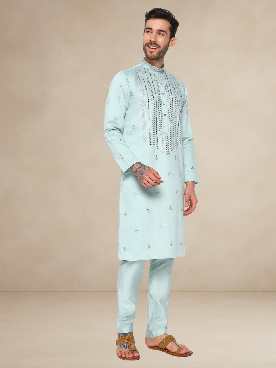 Embroidered Kurta Pyjama Set for Men Green