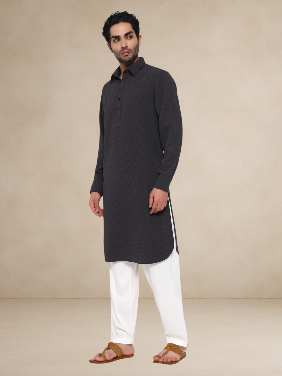 Plain Charcoal Grey Textured Button-Up Pathani Suit