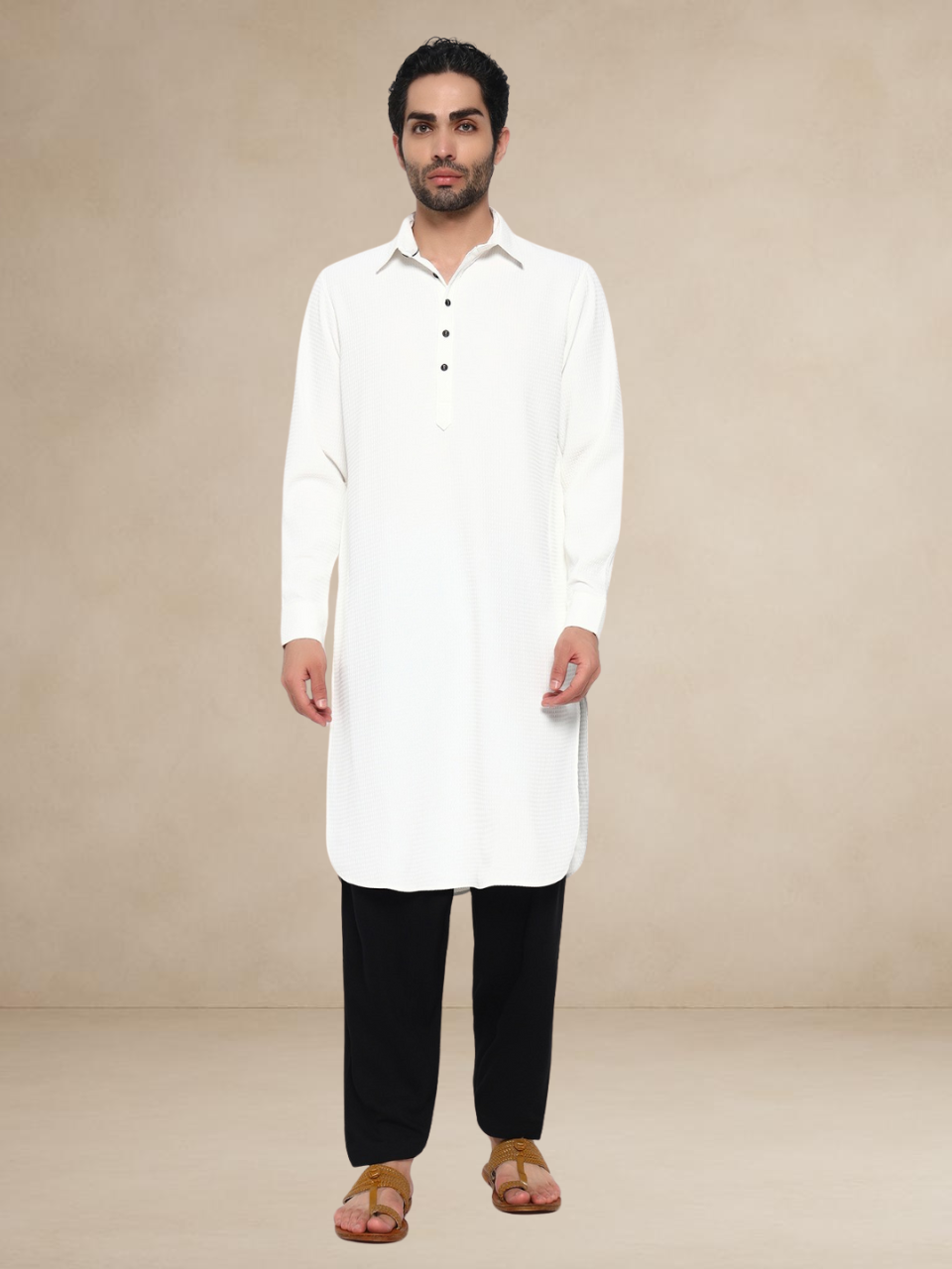 Plain White Textured Button-Up Pathani Suit