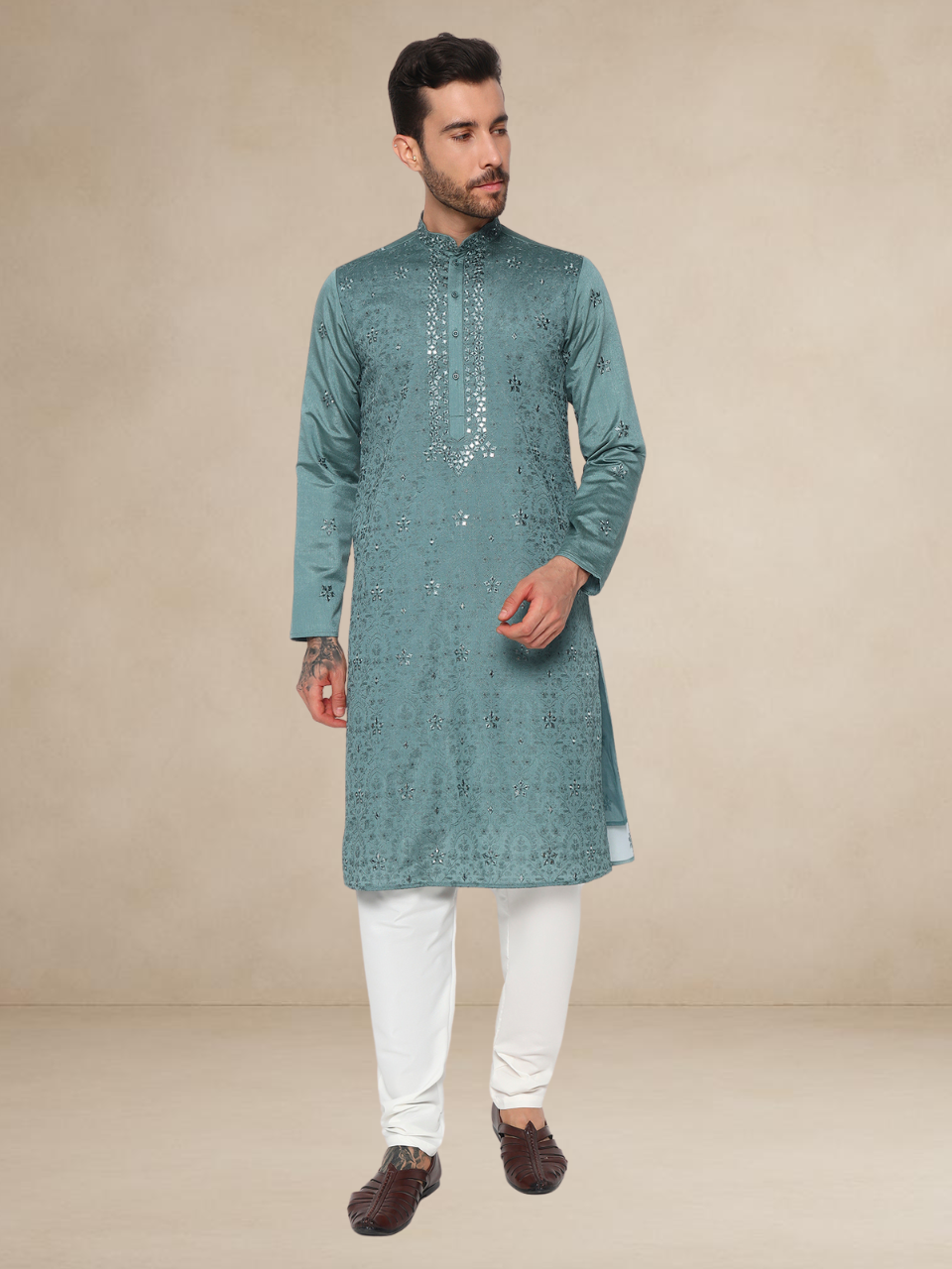 Pista Green Embroidered Kurta Pyjama Set for Men