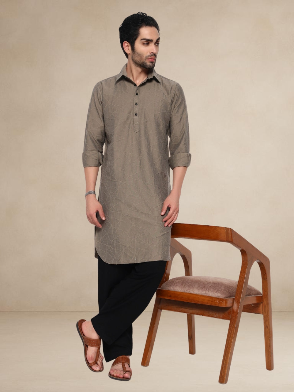 Taupe Abstract-Embroidered Popover Pathani Suit