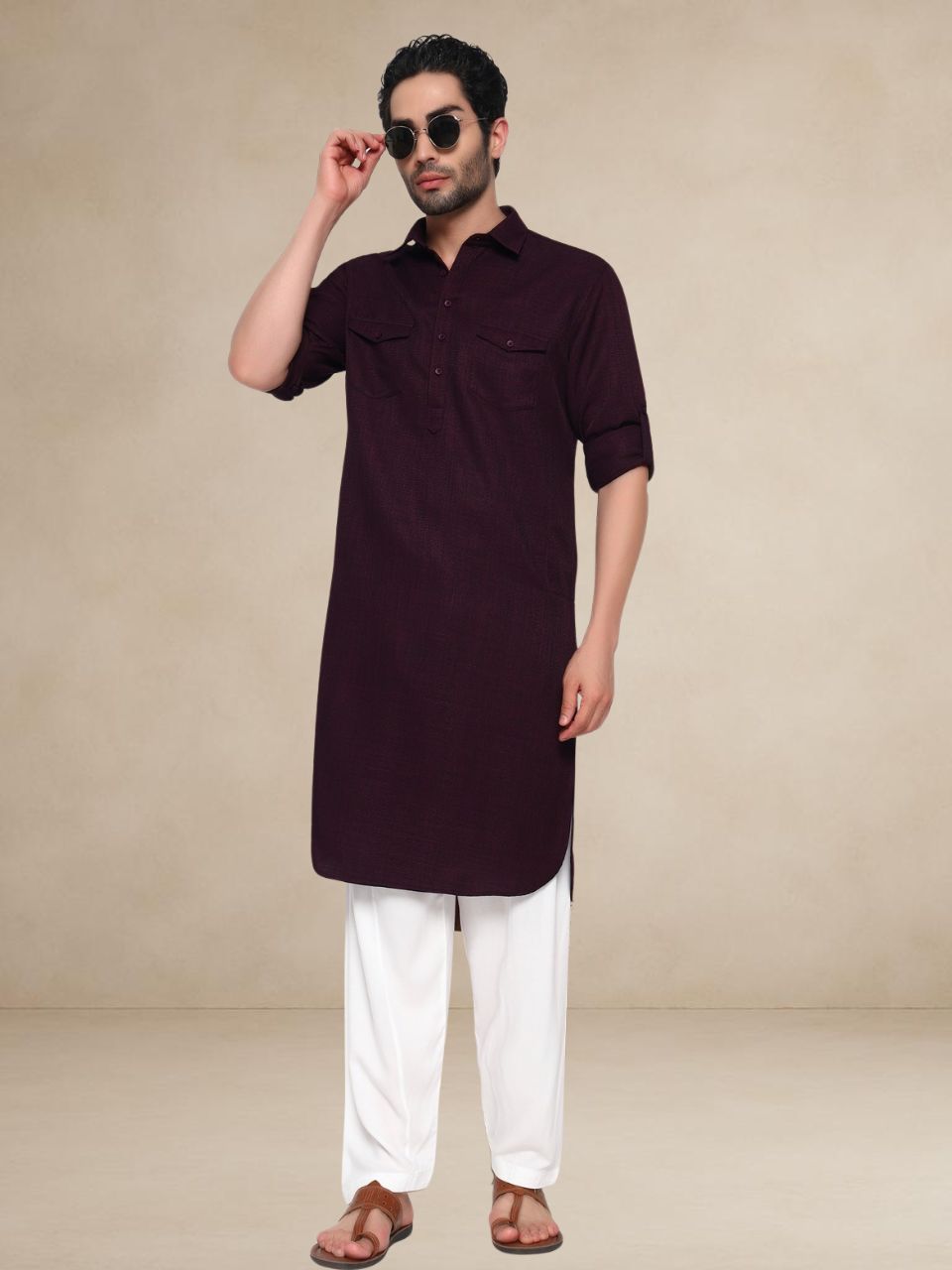 Textured Utility Pathani Suit Wine