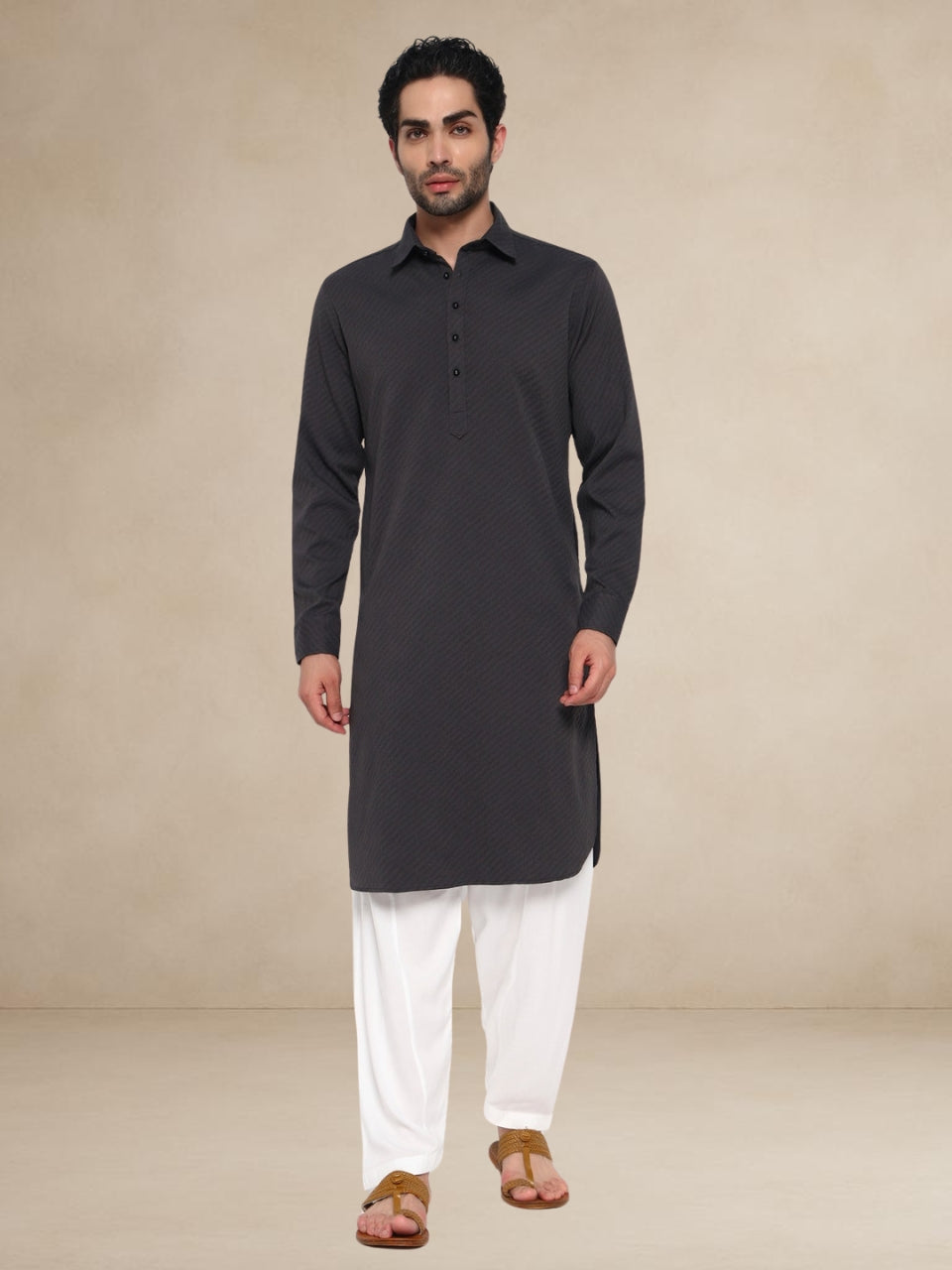 Charcoal Grey Textured Button-Up Pathani Suit