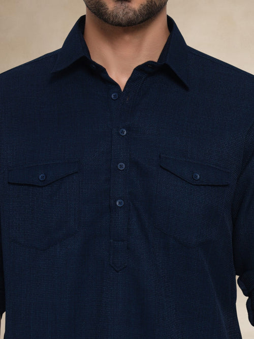 Navy Blue Textured Utility Pathani Suit