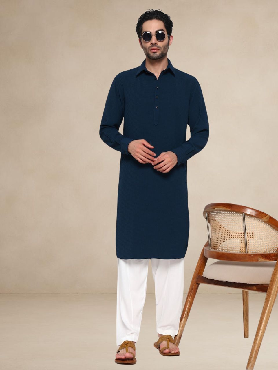 Teal Textured Button-Up Pathani Suit