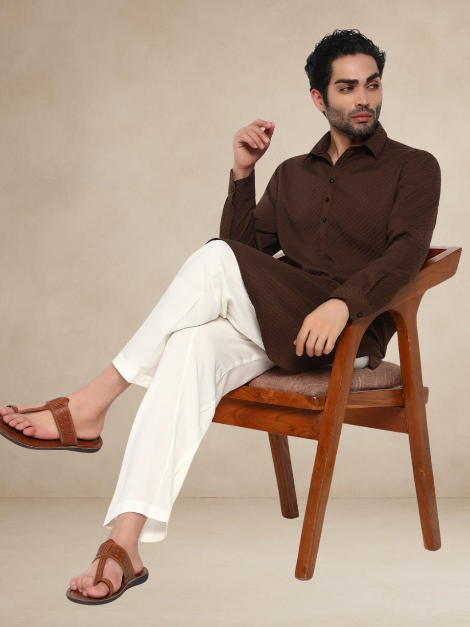 Brown Textured Button-Up Pathani Suit