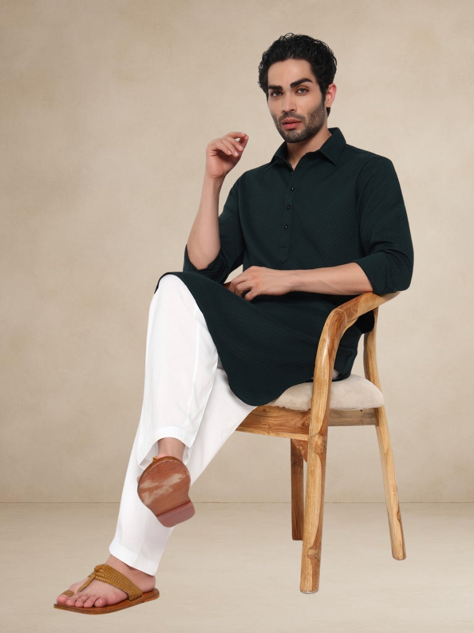 Dark Green Textured Button-Up Pathani Suit