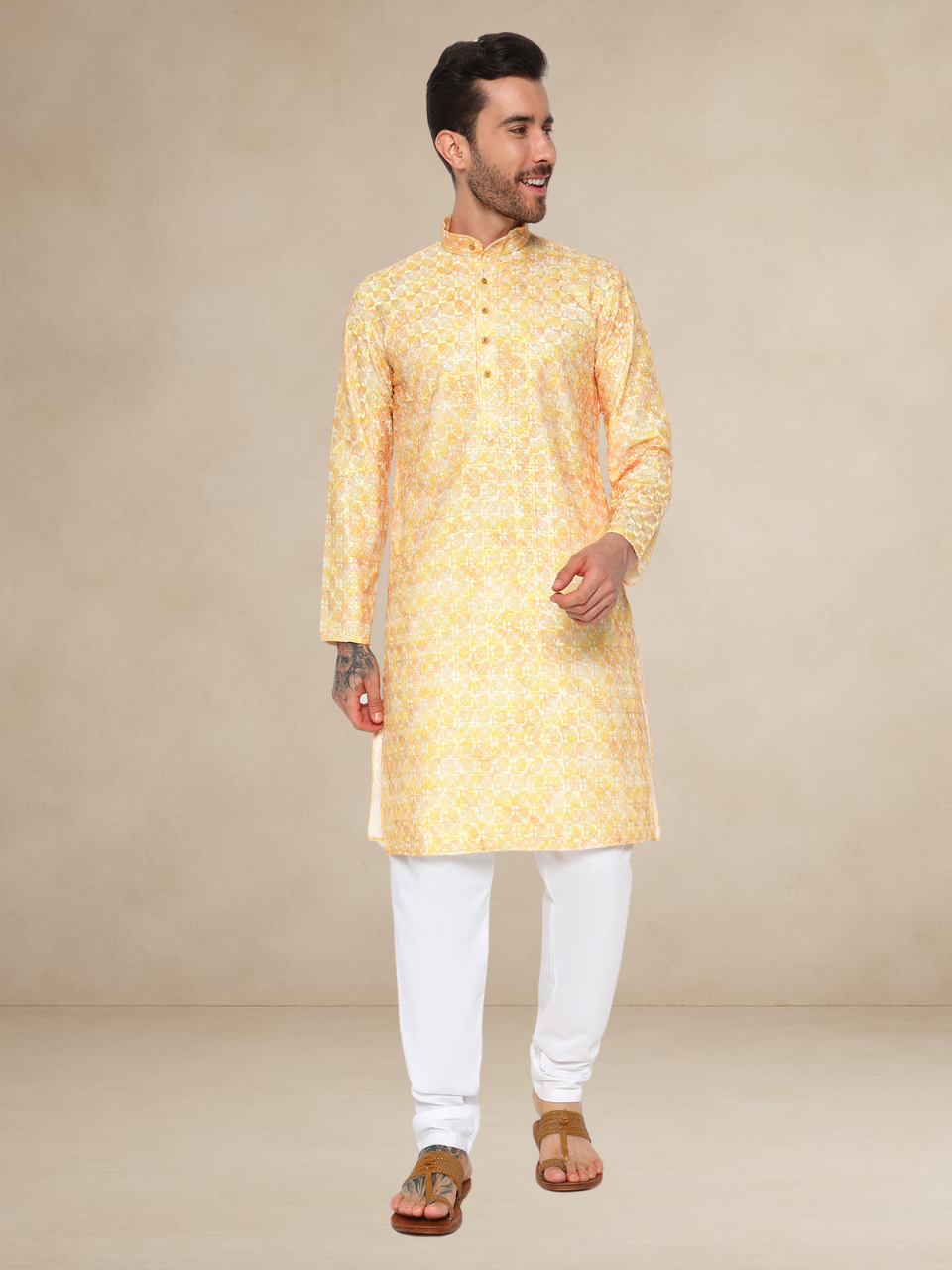 Printed Haldi Kurta Pyjama Set for Men Mustard