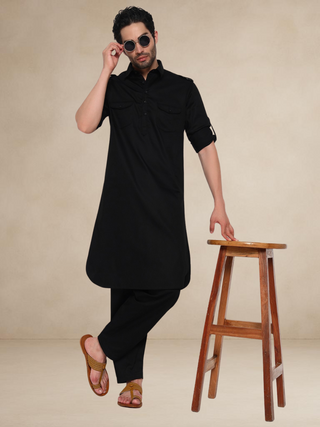 Military Style Pathani Suit - Black