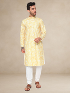 Printed Haldi Kurta Pyjama Set for Men Yellow
