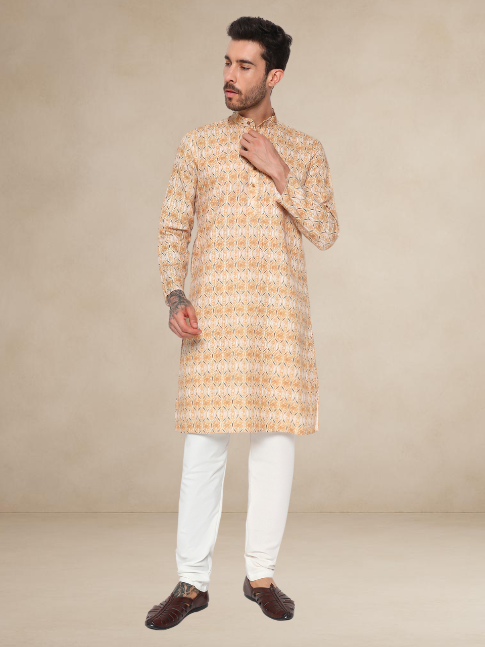 Yellow Printed Kurta Pyjama Set for Men