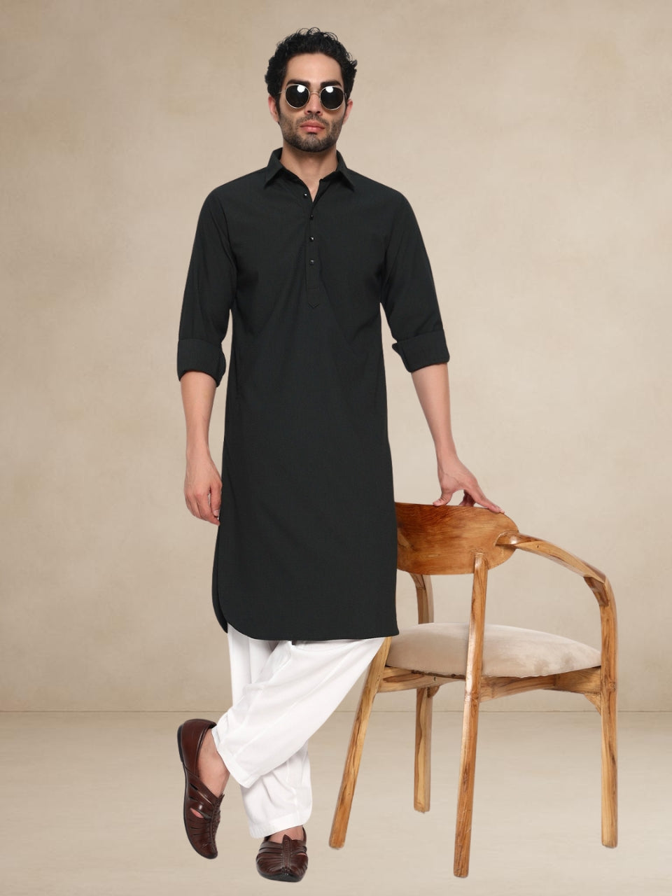 Black Textured Button-Up Pathani Suit