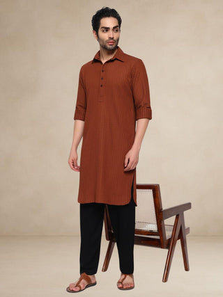 Waffle Textured Pathani Suit - Rust Brown