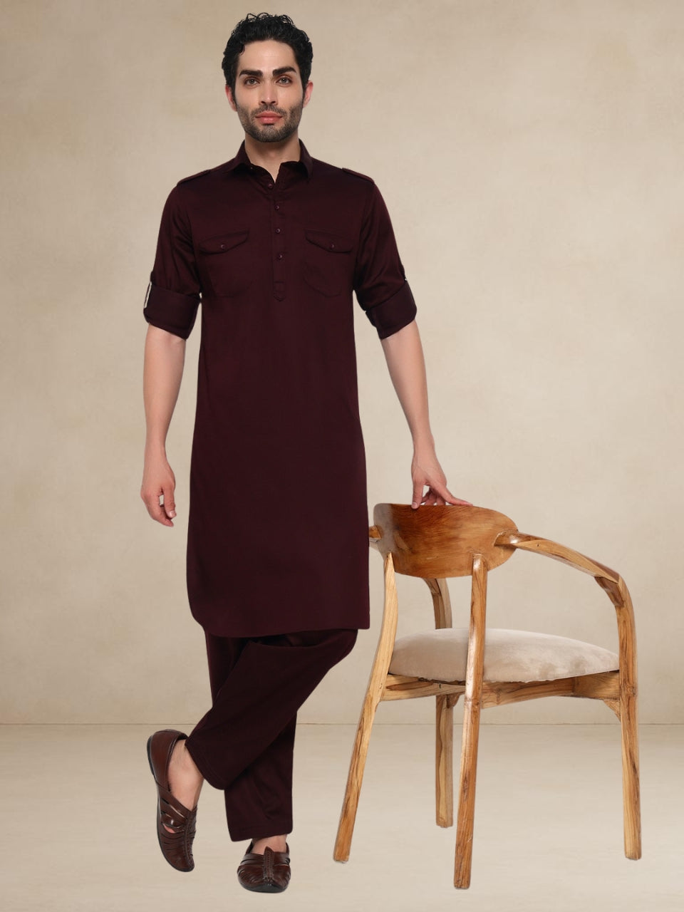 Military Style Pathani Suits Maroon