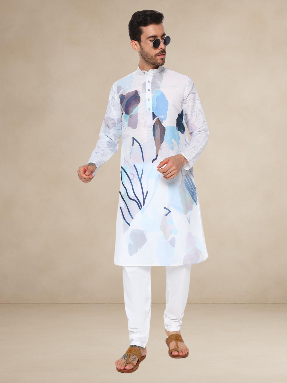 Printed Kurta Pyjama Set for Men Floral Design