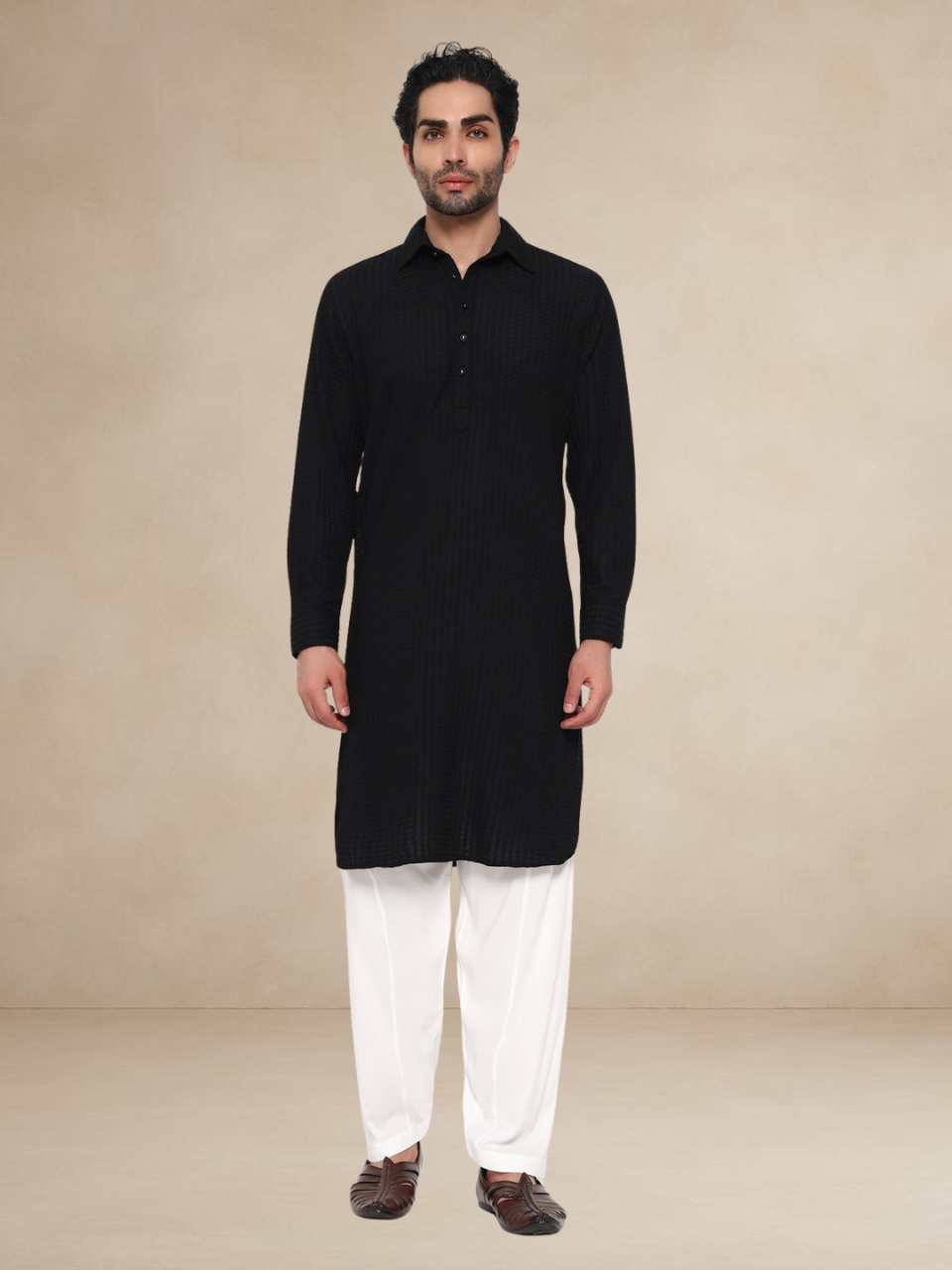 Black Waffle-Textured Button-Up Pathani Suit