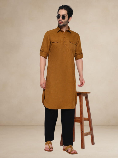 Textured Utility Pathani Suit Mustard