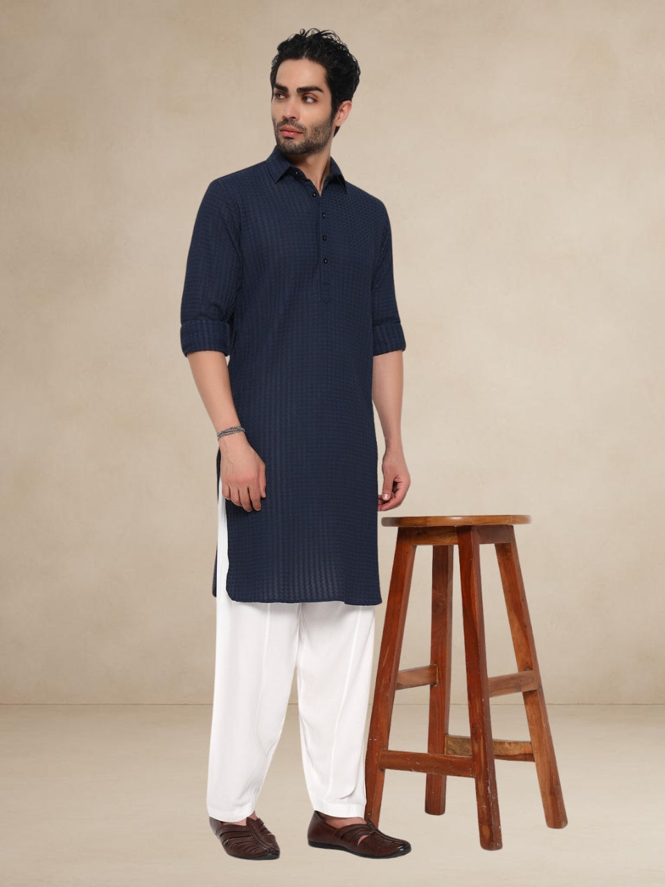 Navy Blue Waffle-Textured Popover Pathani Suit