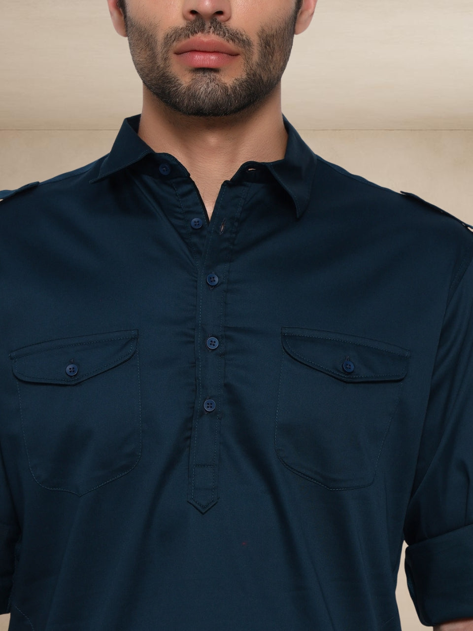 Military Style Pathani Suits Deep Sea Blue