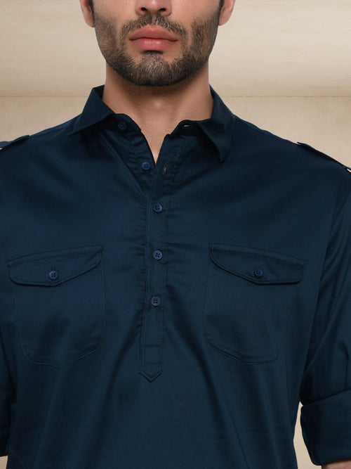 Military Style Pathani Suits Deep Sea Blue