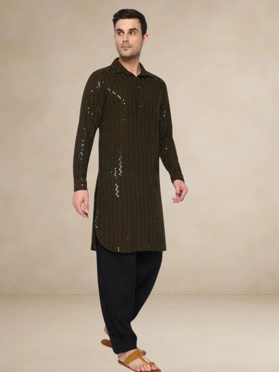 Olive Green Embroidered Pathani Suit